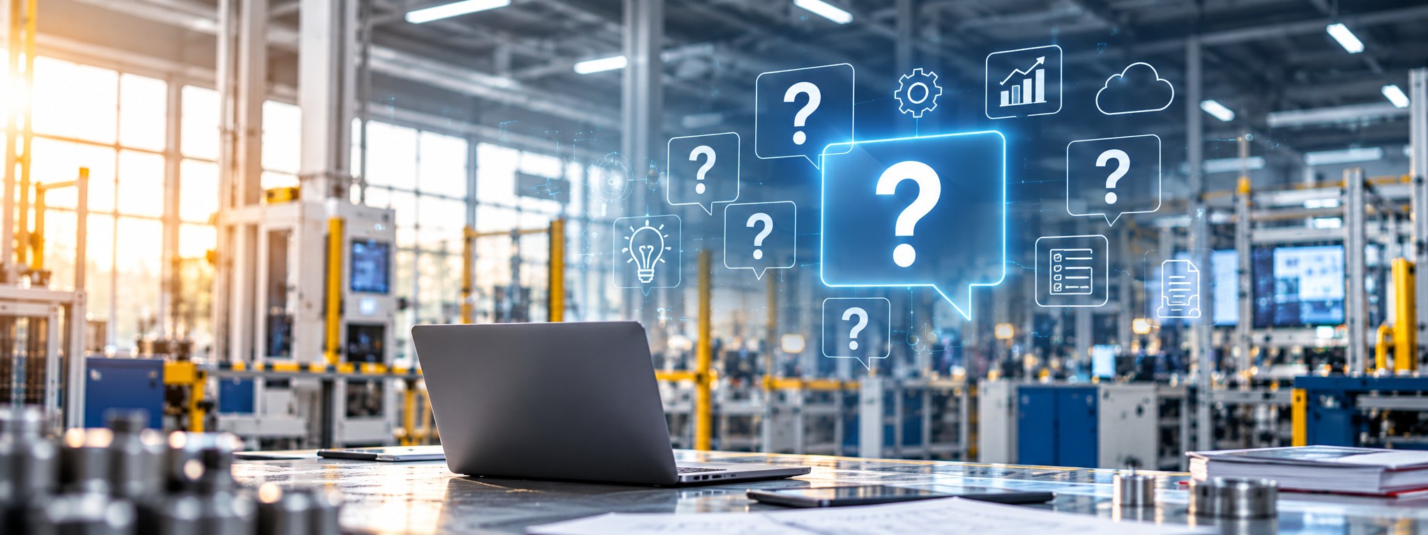 Laptop and question bubbles in a factory environment (illustrative image)
